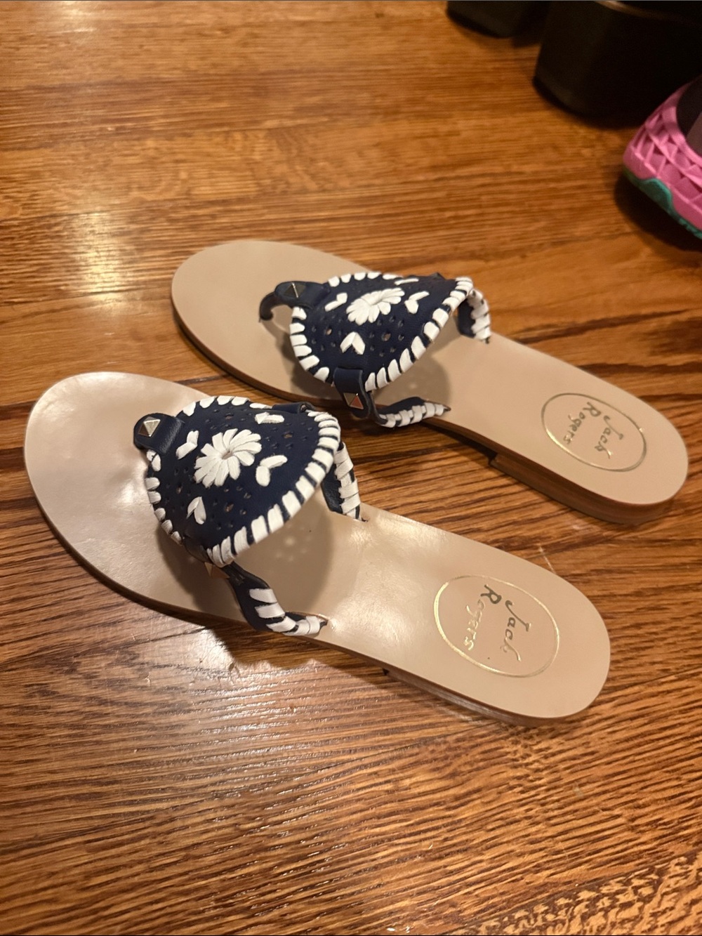 Jack Rogers Navy and White Embroidered Thong Sandals